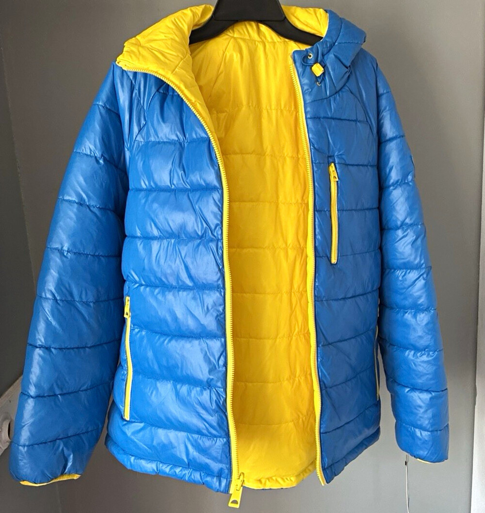 GUESS Men's Blue/Yellow Hooded Puffer Jacket Down Insulated Full Zip L
